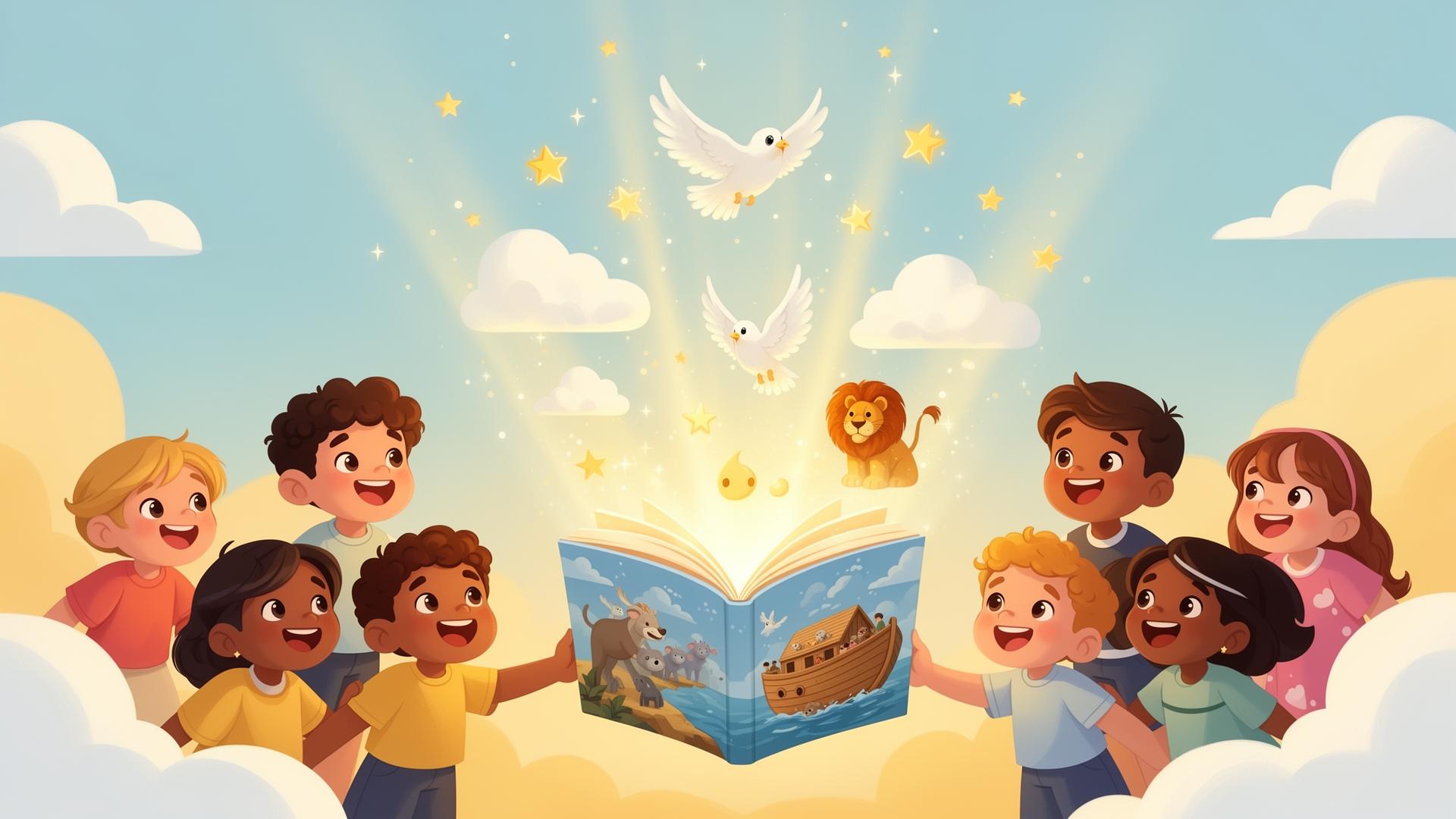 Crianças felizes aprendendo histórias bíblicas